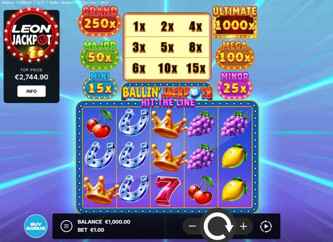 Main game grid of Ballin’ Jackpots Hit The Line slot showing fruit symbols and the 1000x Ultimate Jackpot display.