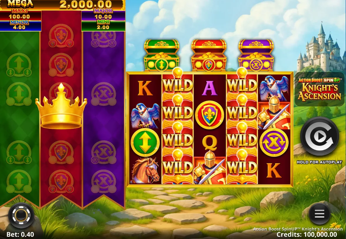 Base game grid of Action Boost SpinUP Knight's Ascension showing medieval symbols and the three colored chests above the reels for bonus tracking.