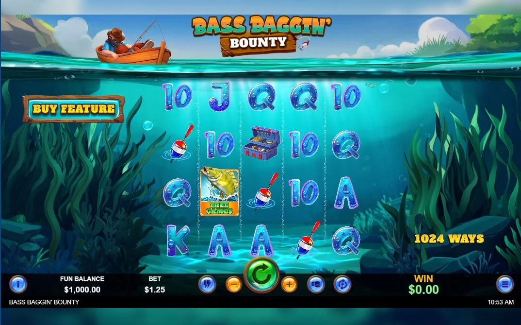Bass Baggin' Bounty main game interface showing the 5x4 underwater reel grid and the fisherman in a boat above.