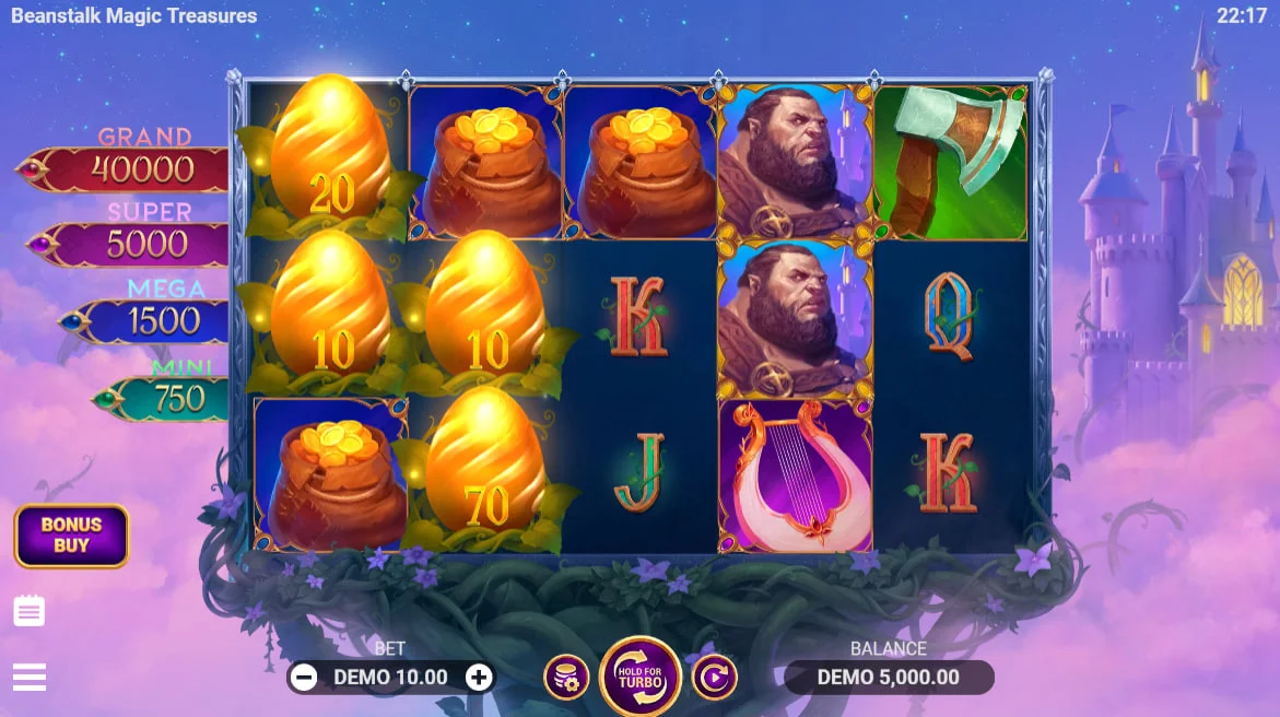 Beanstalk Magic Treasures slot interface showing the 5x3 reel grid and $10 bet settings which helps players understand the base game layout.