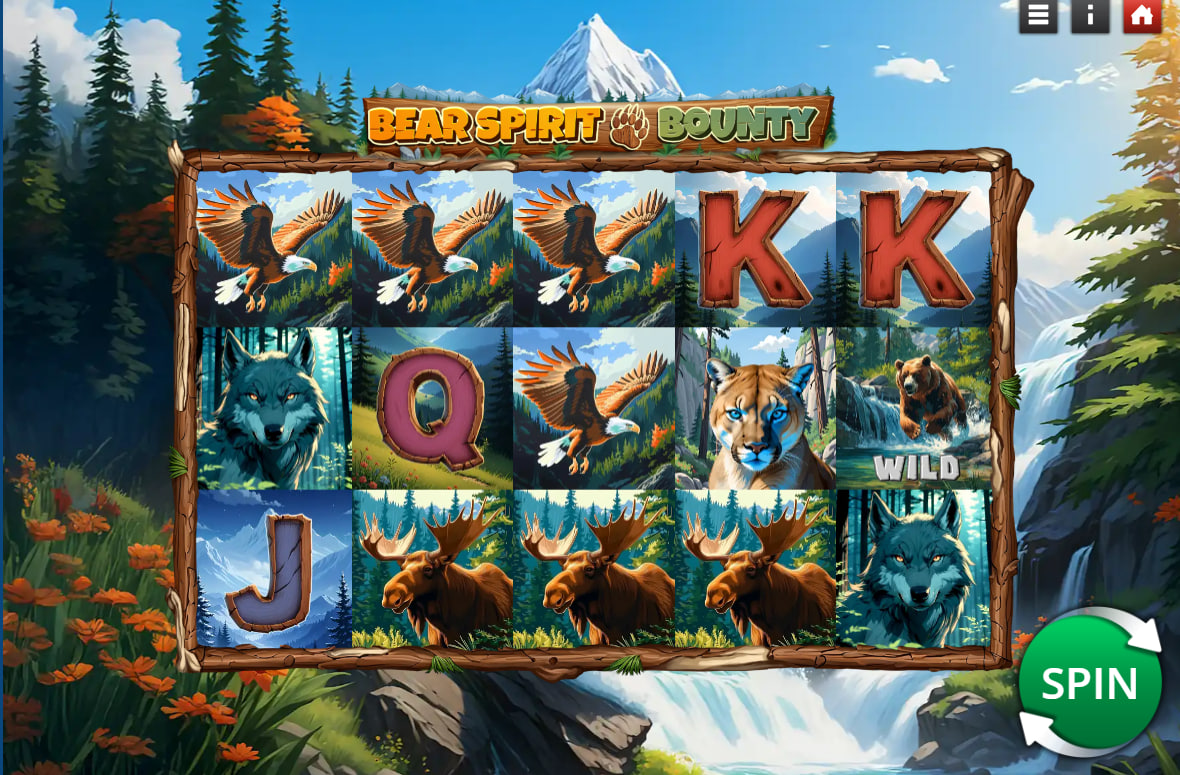 Bear Spirit Bounty slot main grid featuring Eagle and Wolf symbols against a mountain waterfall background for visual immersion.