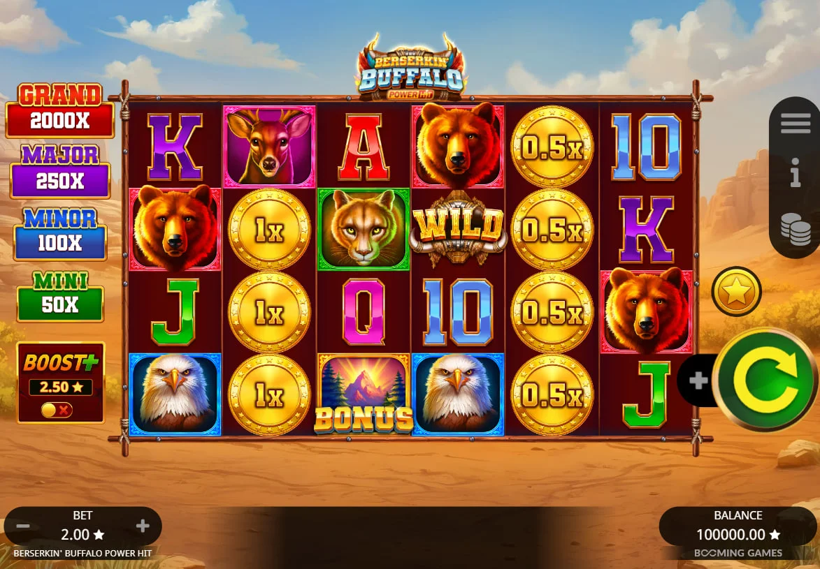 Berserkin' Buffalo Power Hit main 6x4 game grid featuring bear and eagle symbols on the reels for high-value combination tracking.