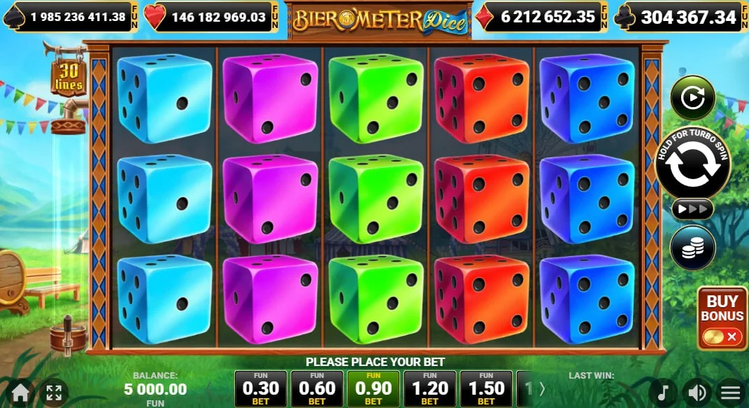 5-reel grid of Bier O'Meter Dice showing various colored dice symbols on 30 lines for clear layout visualization.