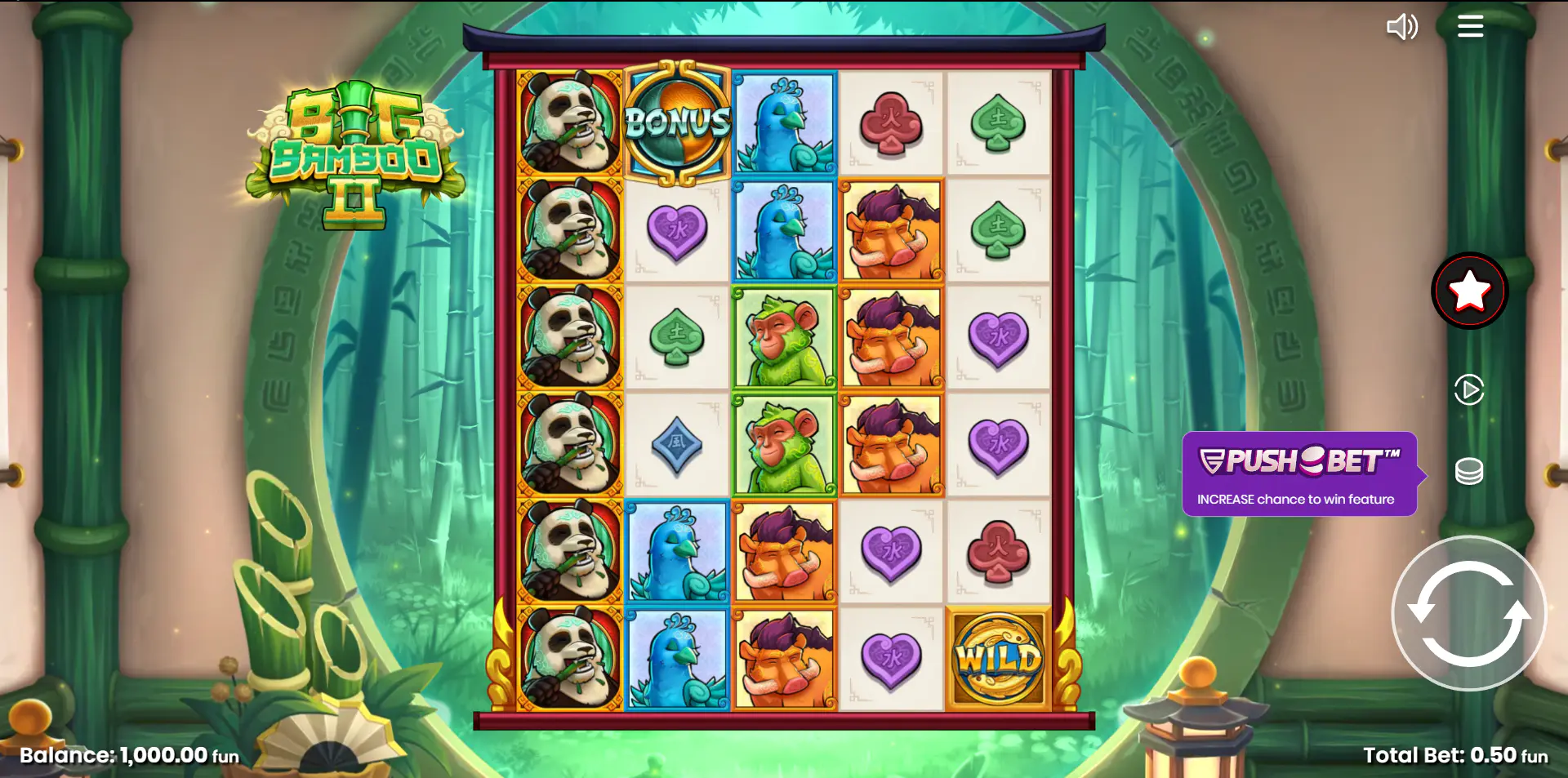 The base game grid of the Big Bamboo 2 slot, showing the 5x6 layout with animal and card suit symbols in a tranquil bamboo forest setting.