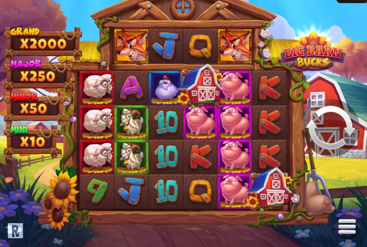 Big Barn Bucks main 5-reel grid with farm animal symbols and the four fixed jackpot tiers displayed on the left for player reference.