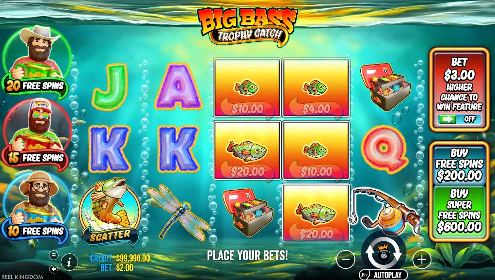 The main game screen of Big Bass Trophy Catch slot, showing the 5x3 reel layout, Ante Bet and Bonus Buy options, illustrating the player's starting point.