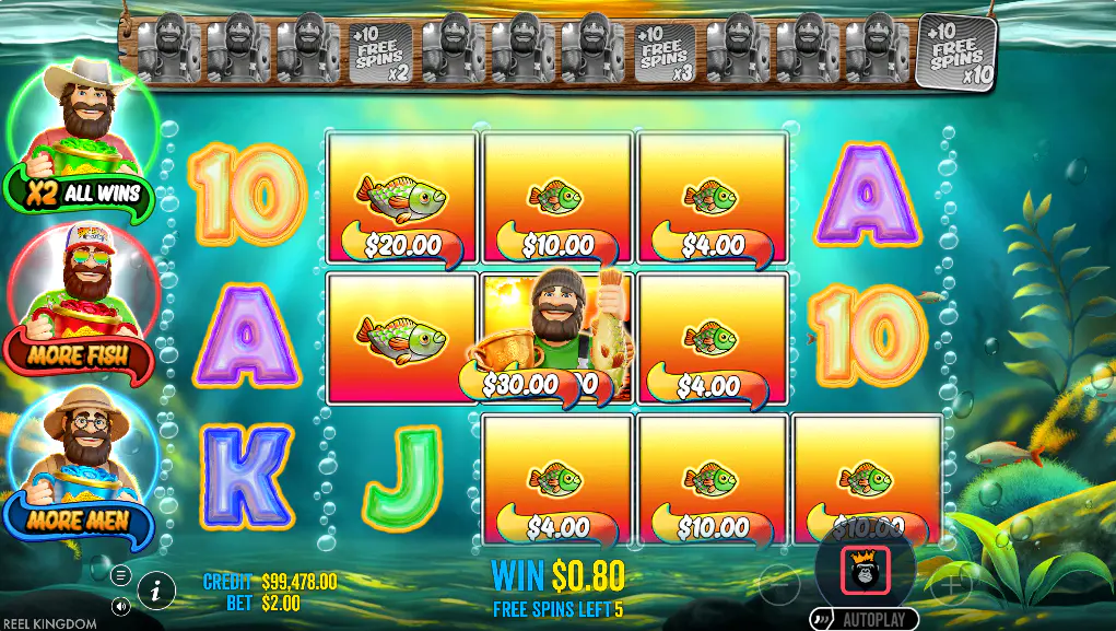 A free spins round in Big Bass Trophy Catch where the Fisherman wild symbol is collecting cash values from fish symbols, showing the core bonus mechanic.