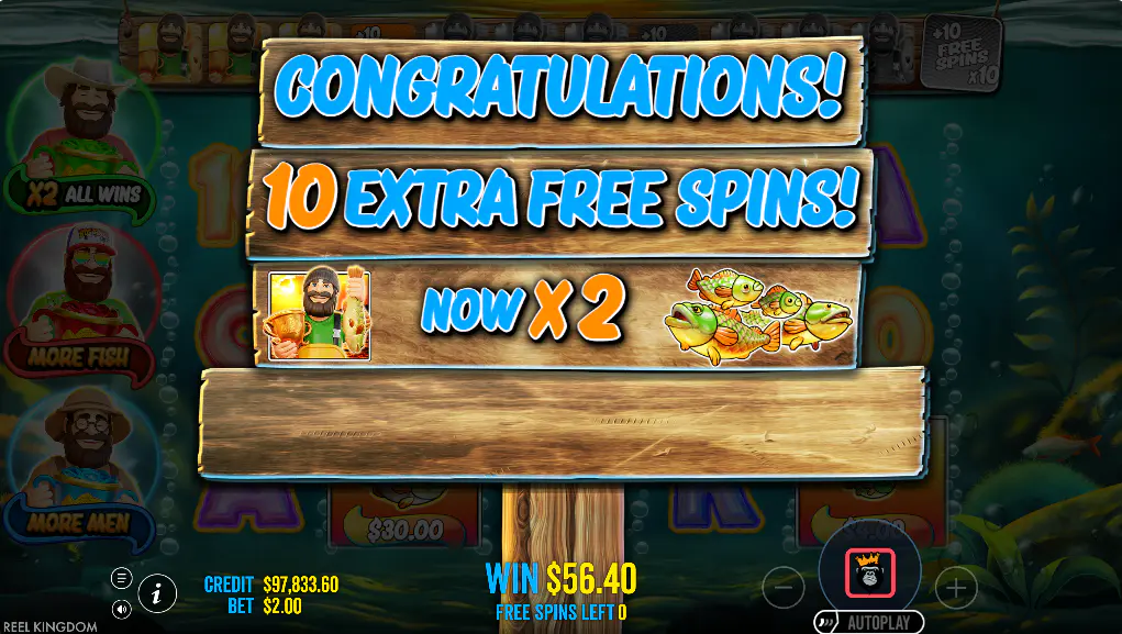 The bonus retrigger screen in Big Bass Trophy Catch awarding 10 extra spins and activating the 2x multiplier, demonstrating the feature's progression.