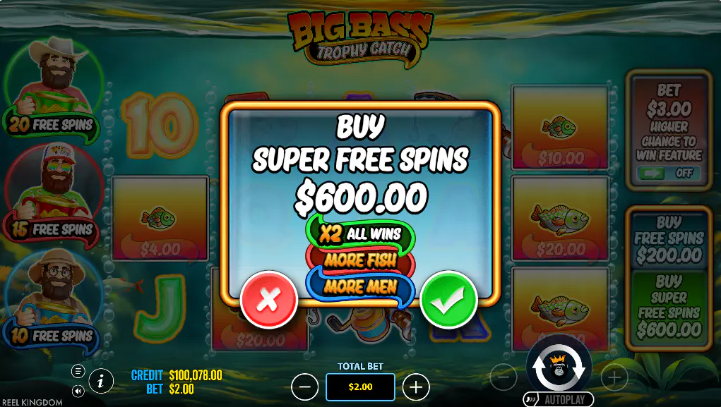 The Super Free Spins purchase confirmation in Big Bass Trophy Catch, detailing the 300x cost and the three included modifiers, highlighting the high-risk entry point.