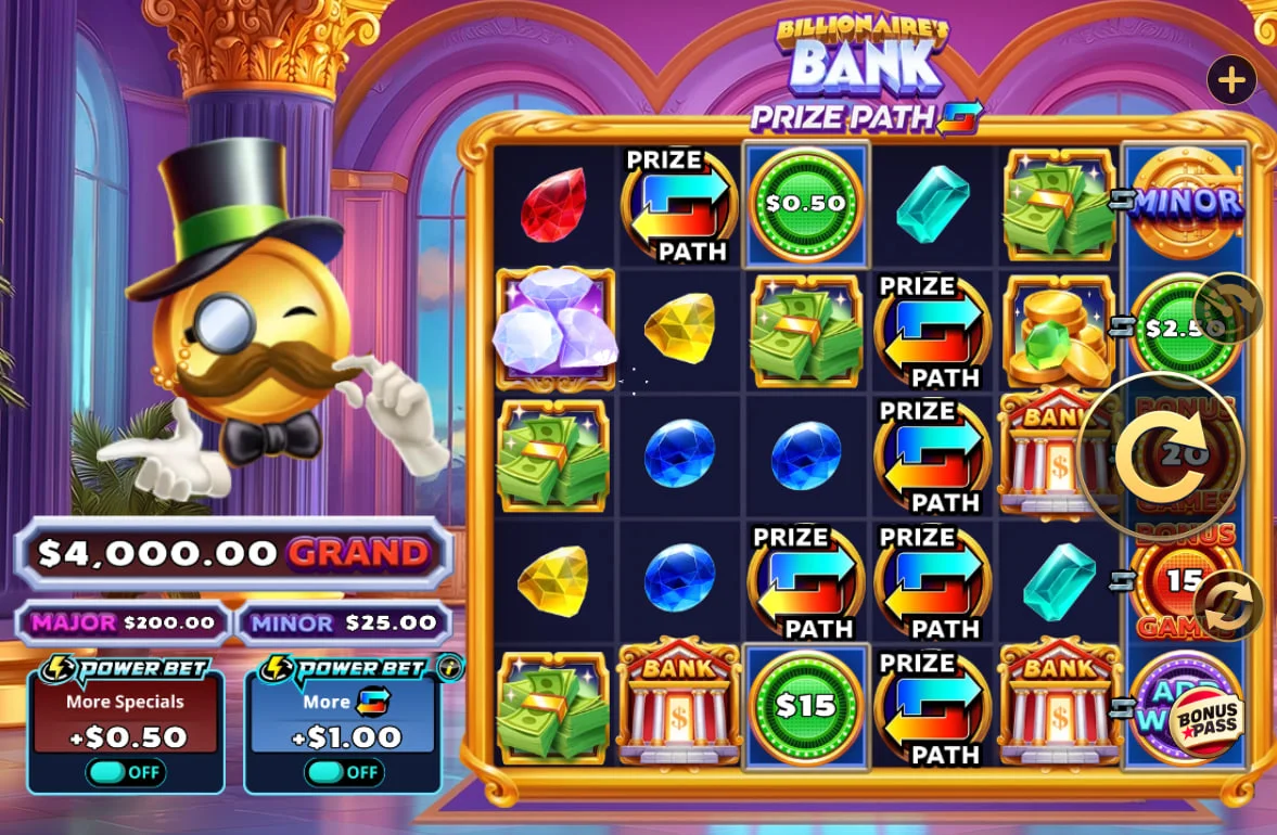 Main game interface of Billionaire's Bank Prize Path slot showing 6 reels and wealth symbols, providing a visual overview of the 1875-ways layout.