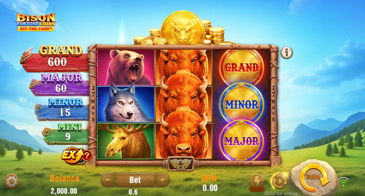 Stacks of Bison symbols landing on a 3x3 grid in Bison Fortune Coins slot, showing the 27 ways to win and active jackpot values.