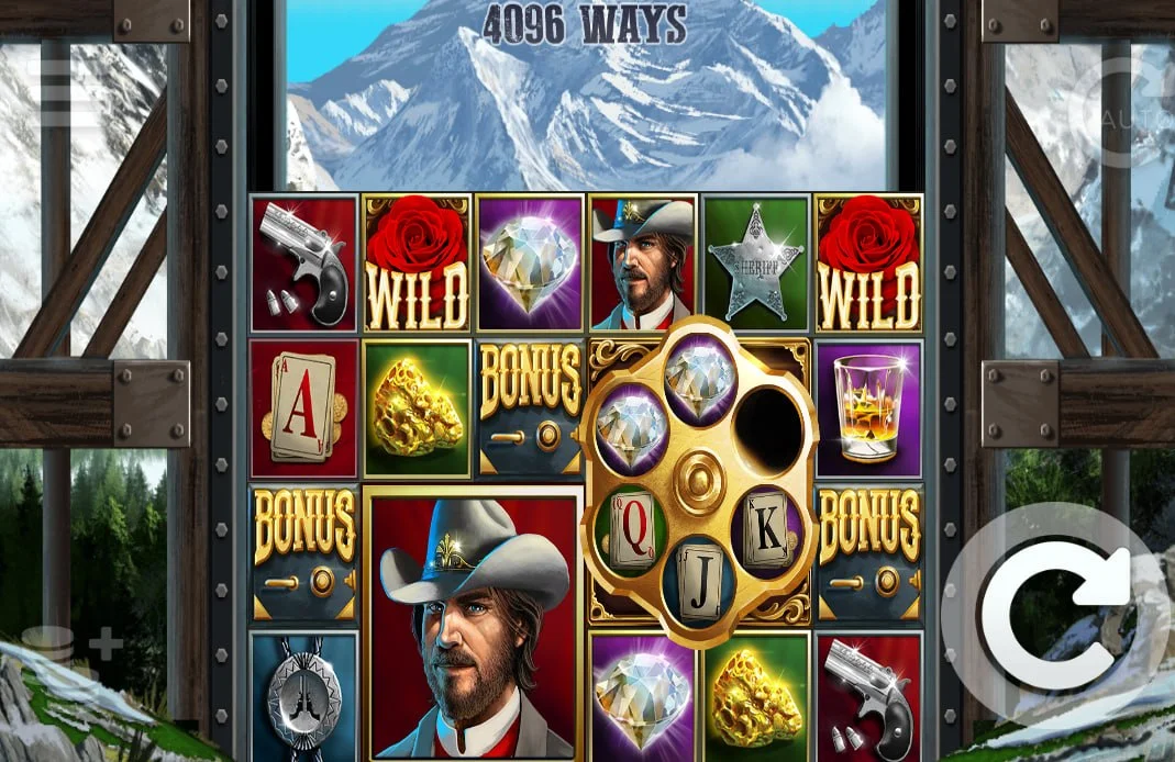Black River Gold base game 6x4 grid with 4096 ways to win featuring cowboy and revolver symbols against a snowy mountain backdrop.