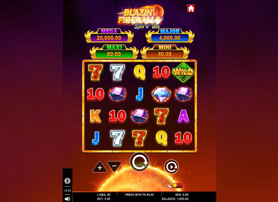 Main gameplay screen of Blazin' Fireballs Spin 'n' Win slot showing five reels and four fixed jackpot values for player reference.