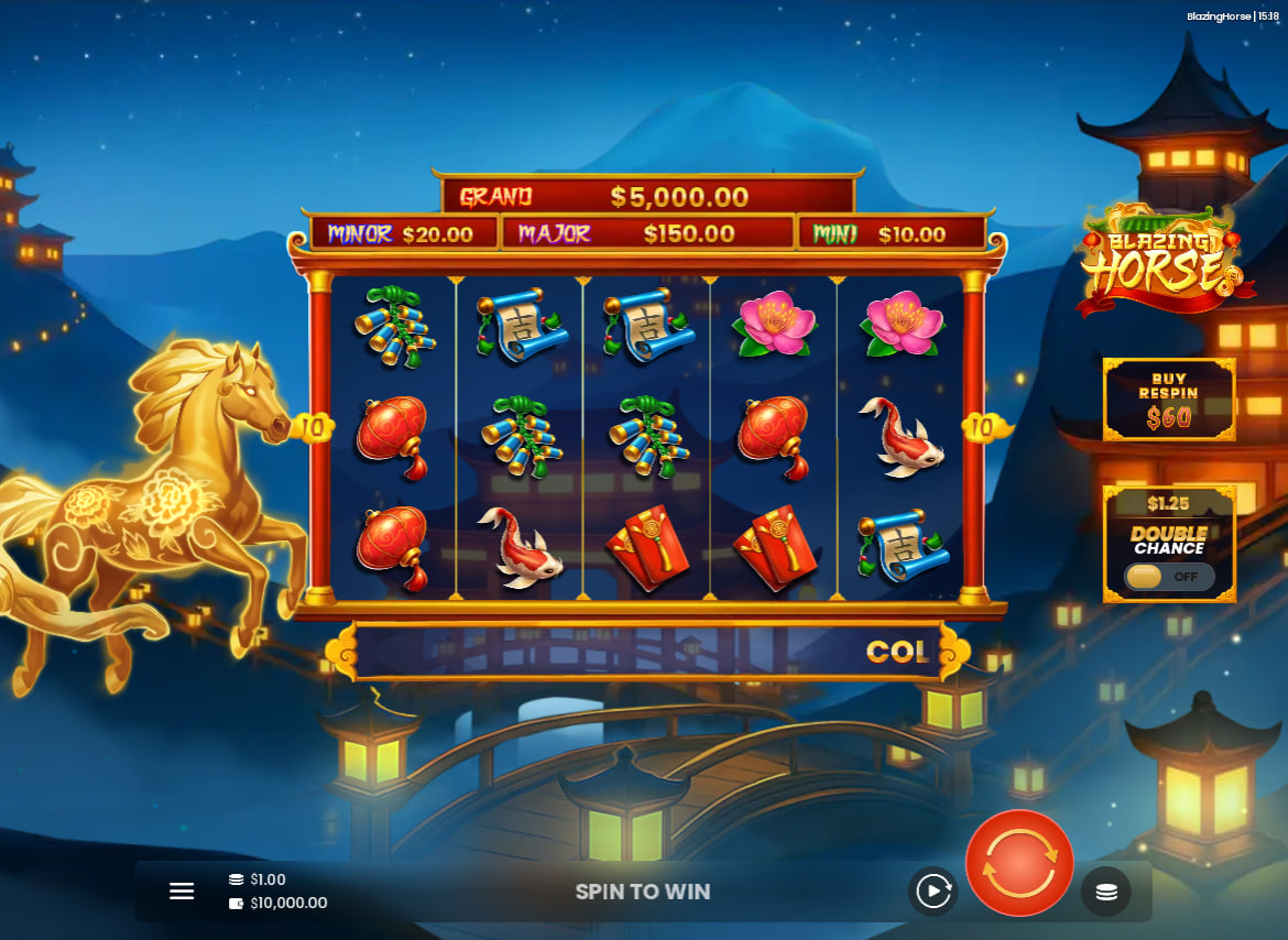 Blazing Horse slot main interface featuring golden horse and Asian lanterns highlighting the high volatility gameplay environment.