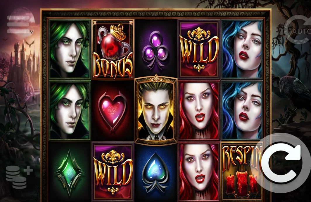 Blood Lust slot 5x3 grid showing high-value vampire symbols and card suits which helps players identify the main gothic characters.