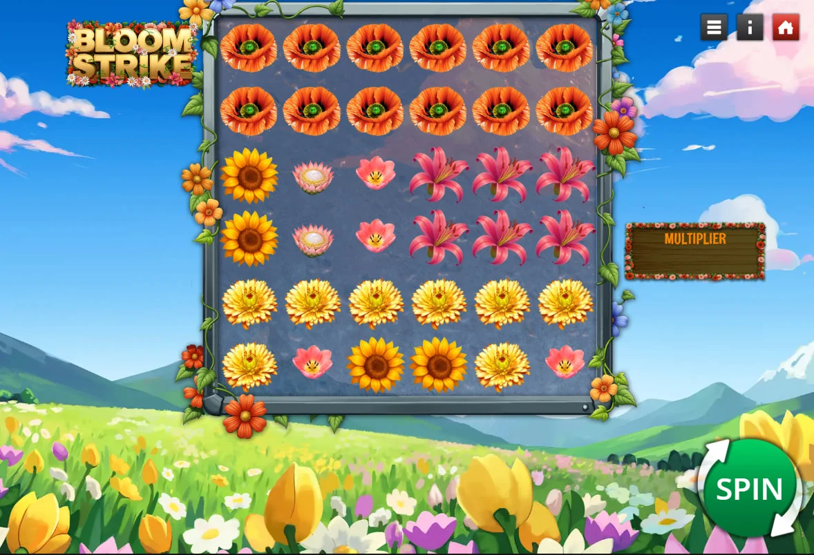 6x6 grid of flower symbols in Bloom Strike slot by Genii showing the cluster pay layout for players to understand the reel structure.