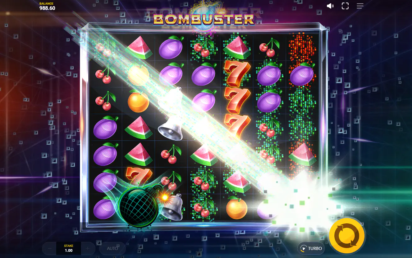 A Swap Bomb detonates in the Bombuster slot, sending a beam of energy across the reels to transform symbols and create a large cluster win.