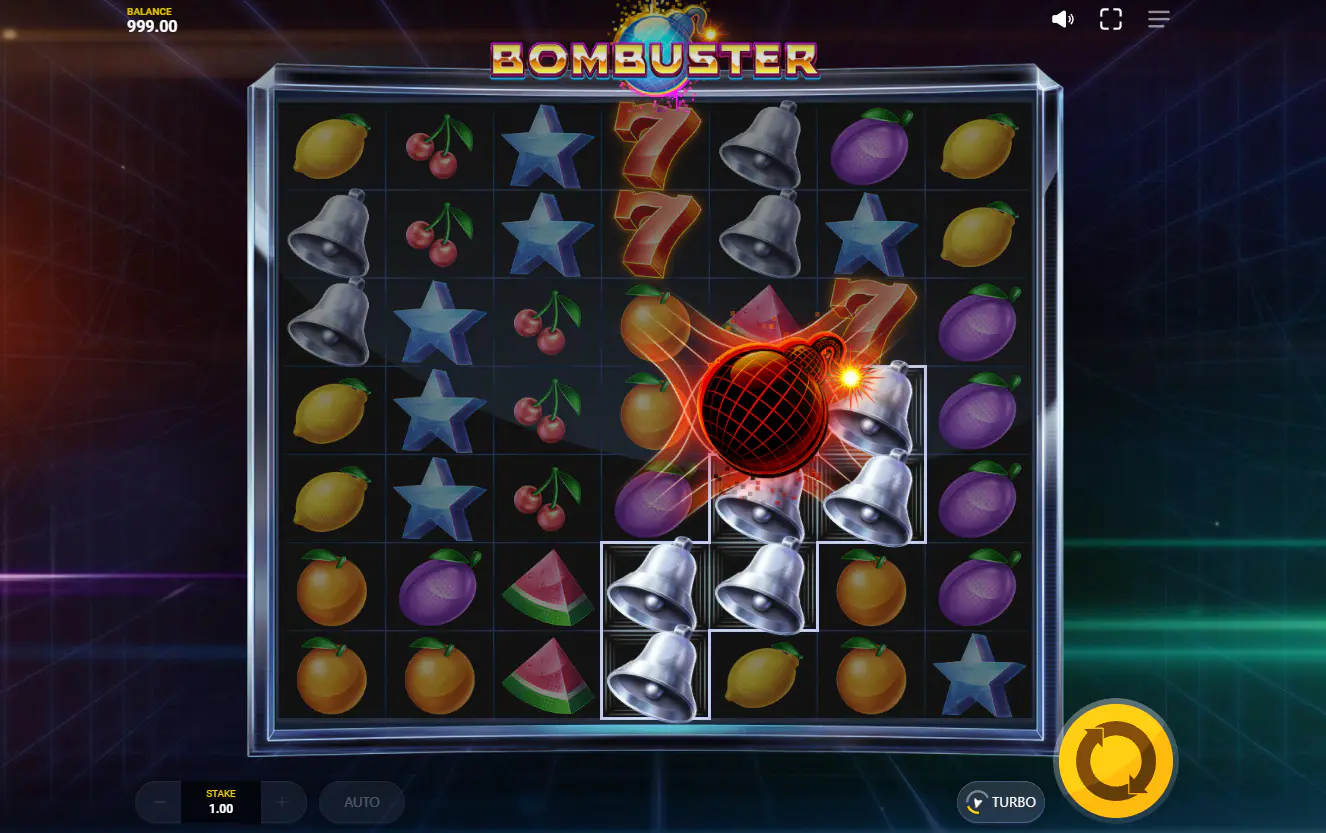 The red Destroy Bomb locked onto the reels in Bombuster, indicating its explosive path and building anticipation for a symbol-clearing cascade.