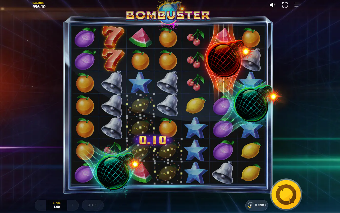 A tense moment in Bombuster with multiple bombs of different colors on the grid, showcasing the potential for a powerful chain reaction win.