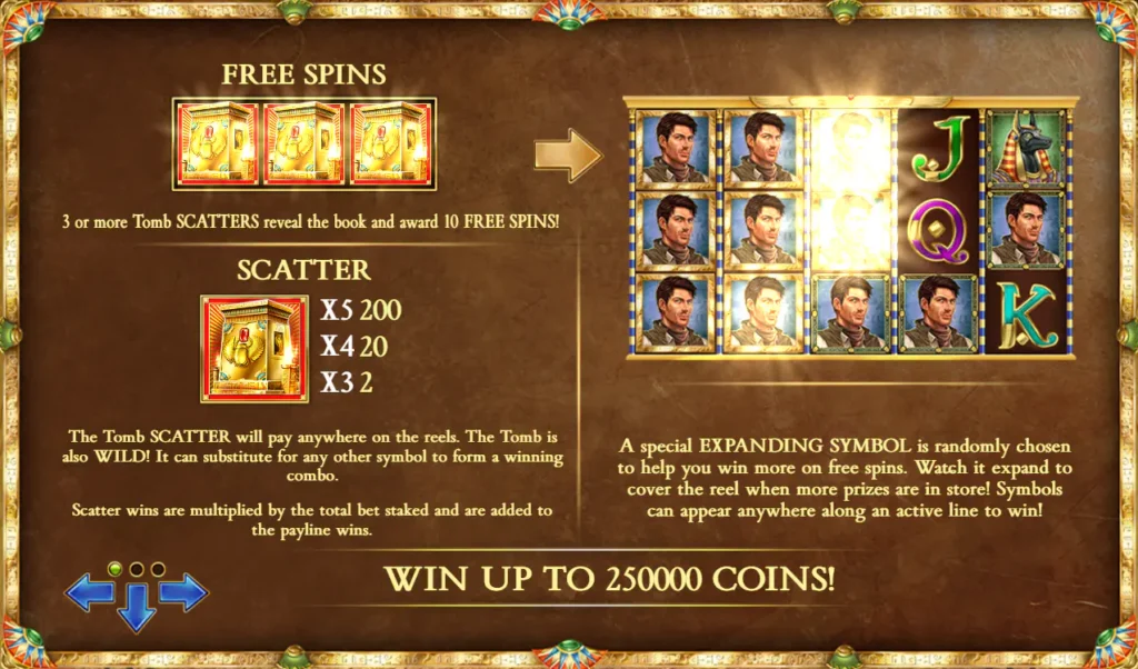 Book of Dead feature page showing Tomb Scatter payouts, 10 free spins, and expanding symbol rules.