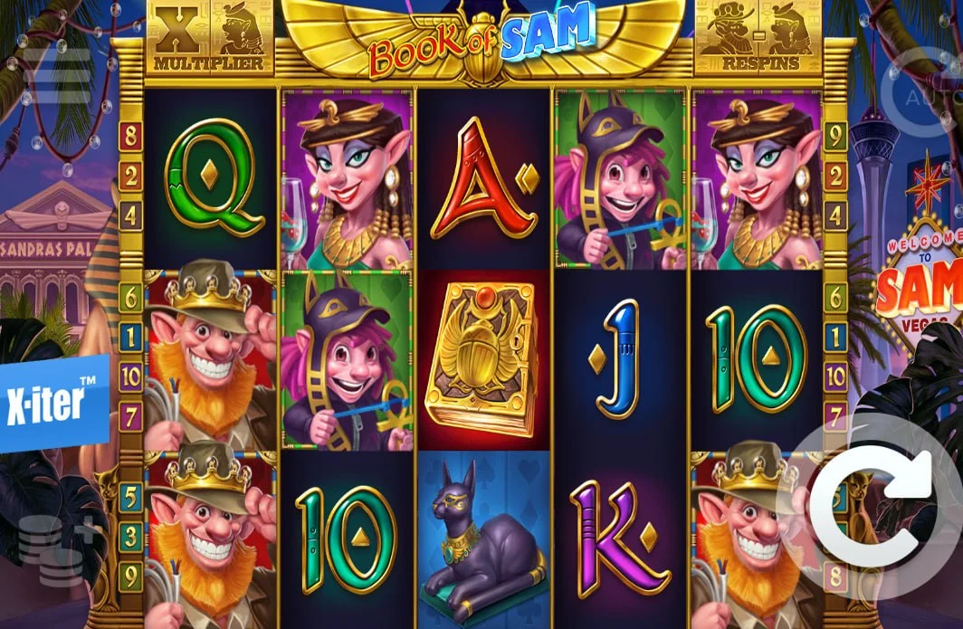 Book of Sam slot interface showing high-value troll symbols and the X-iter bonus buy button on a neon Vegas-Egyptian background.