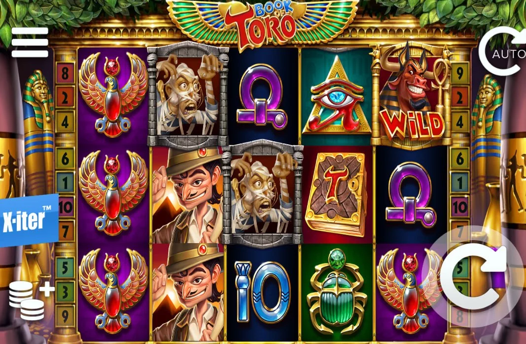 Book of Toro main 5x3 grid showing Egyptian symbols and the X-iter button which is vital for selecting bonus modes.