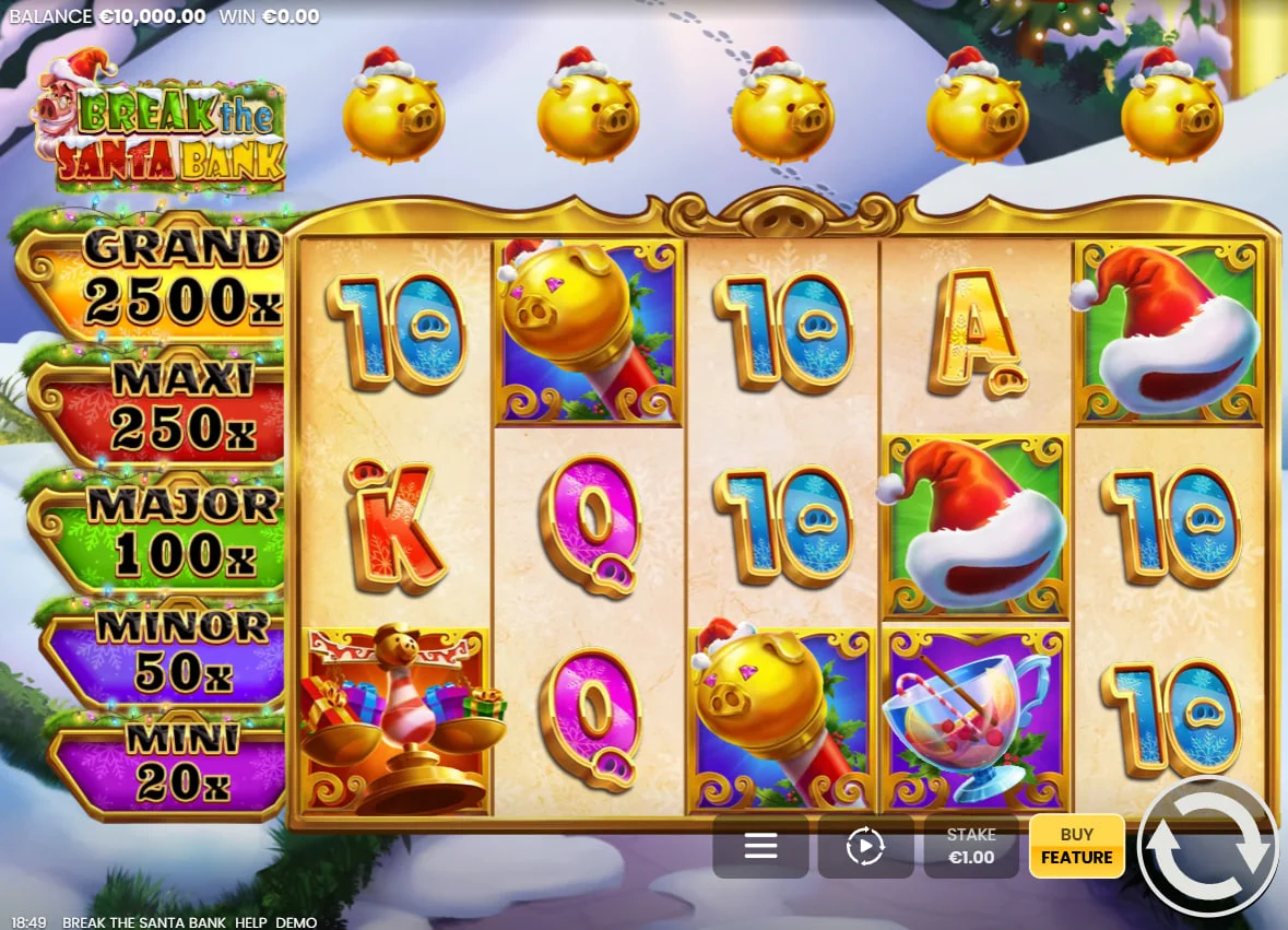 Break the Santa Bank base game grid with five golden piggy banks above reels showing Christmas symbols for holiday slot gameplay.