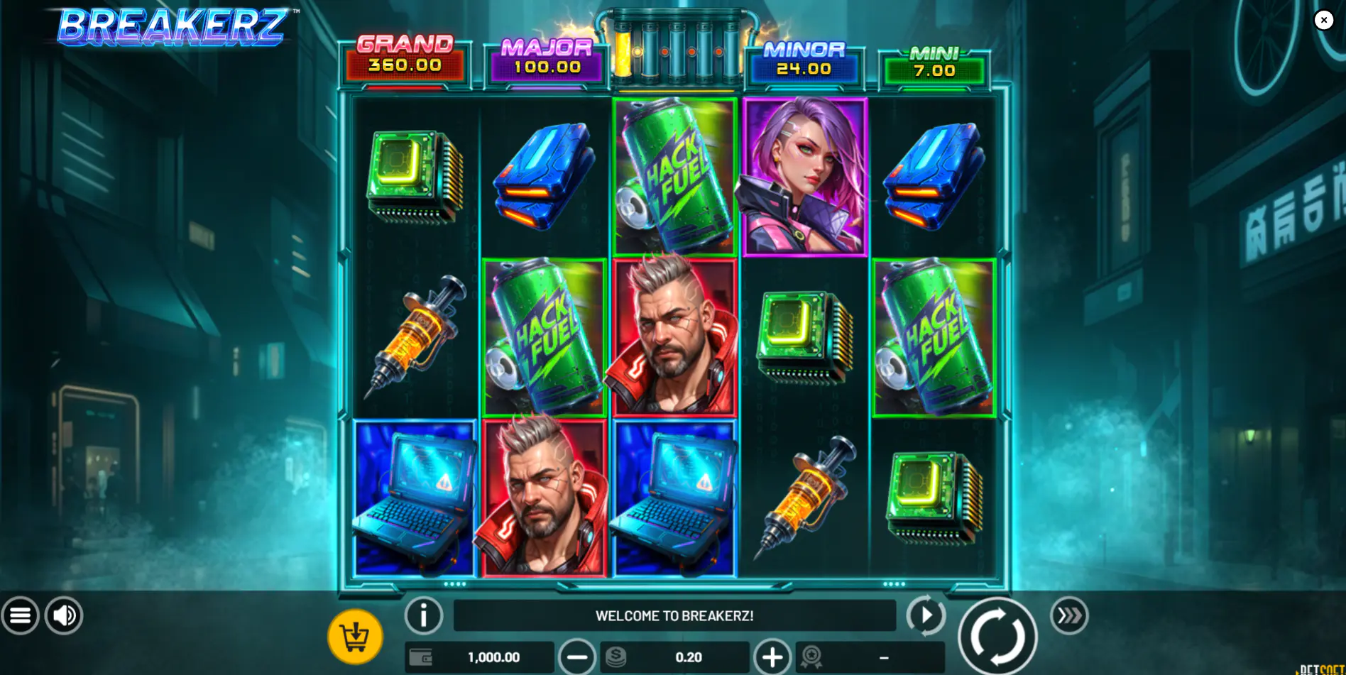 High-paying hacker symbol and glowing blue fuel canisters on the 5x3 cyberpunk grid in Breakerz base game.