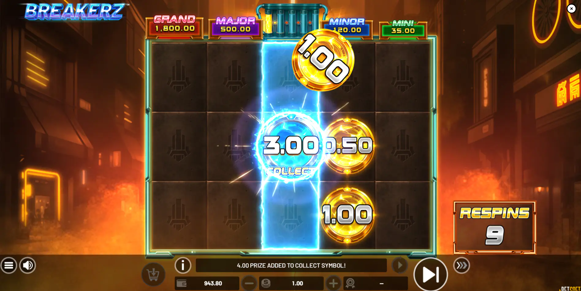 A prize value being added to the central Collect symbol during Breakerz bonus play, showing the primary payout accumulation mechanic.