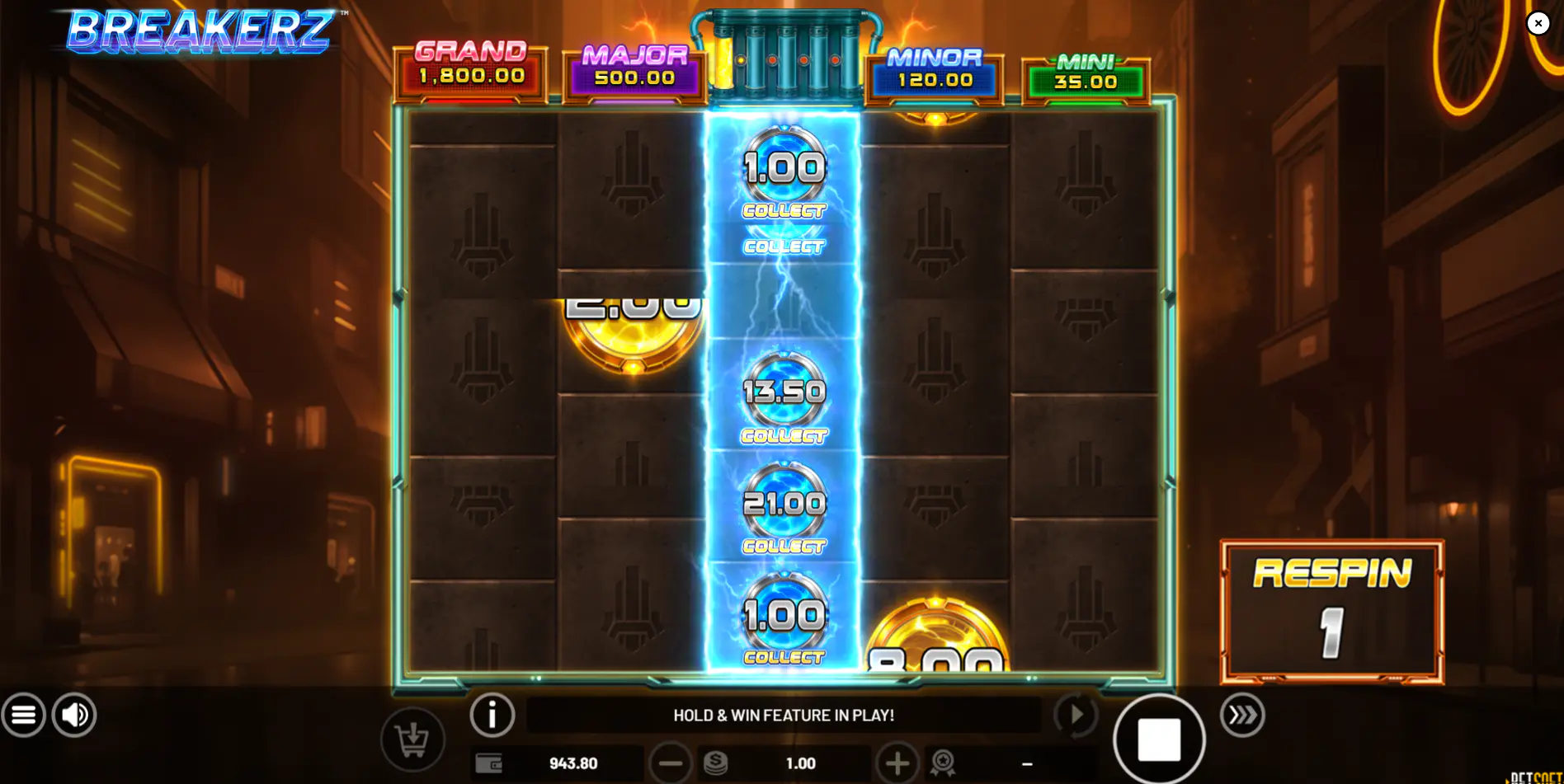 Multiple prize symbols and Collect icons active on the expanded Breakerz grid, indicating a high-intensity phase with large win potential.