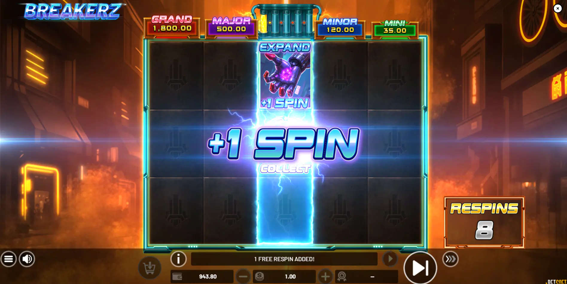 The Breakerz slot reels expanding vertically with an Expand symbol, showing how the play area and respin count increase during the bonus.