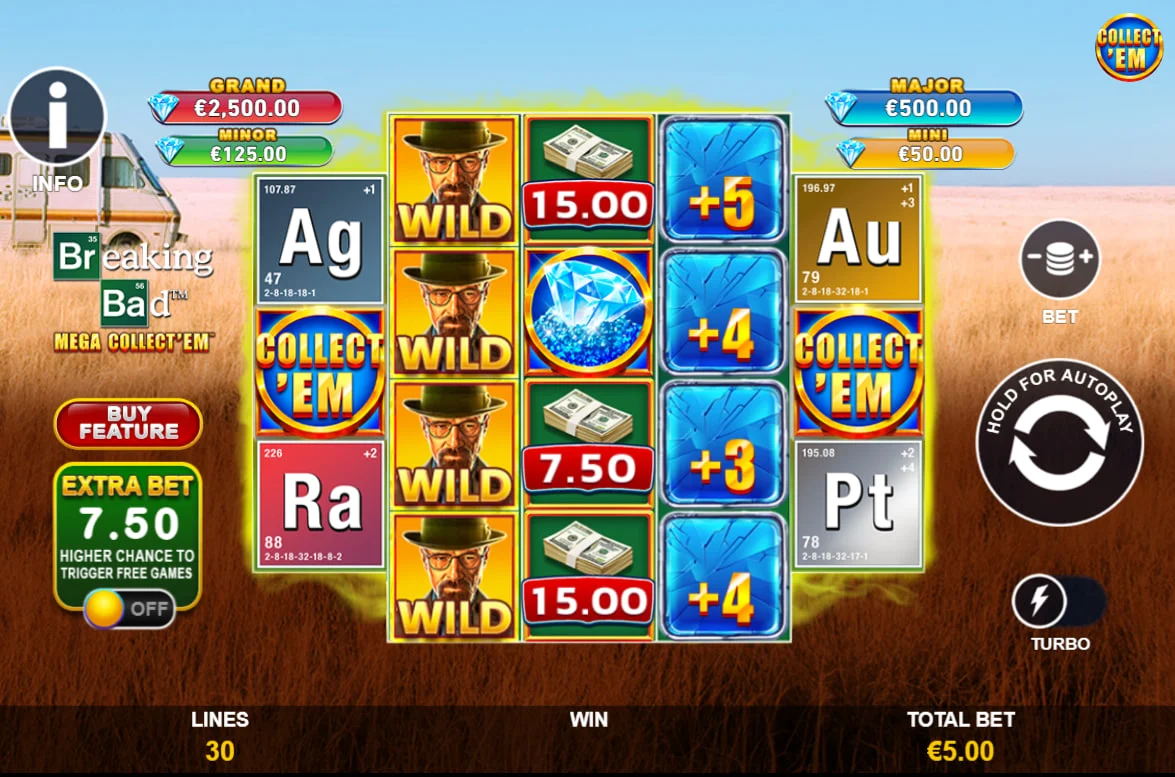 Breaking Bad Mega Collect'em slot grid with Walter White Wilds and periodic table symbols on a 5-reel desert-themed background.