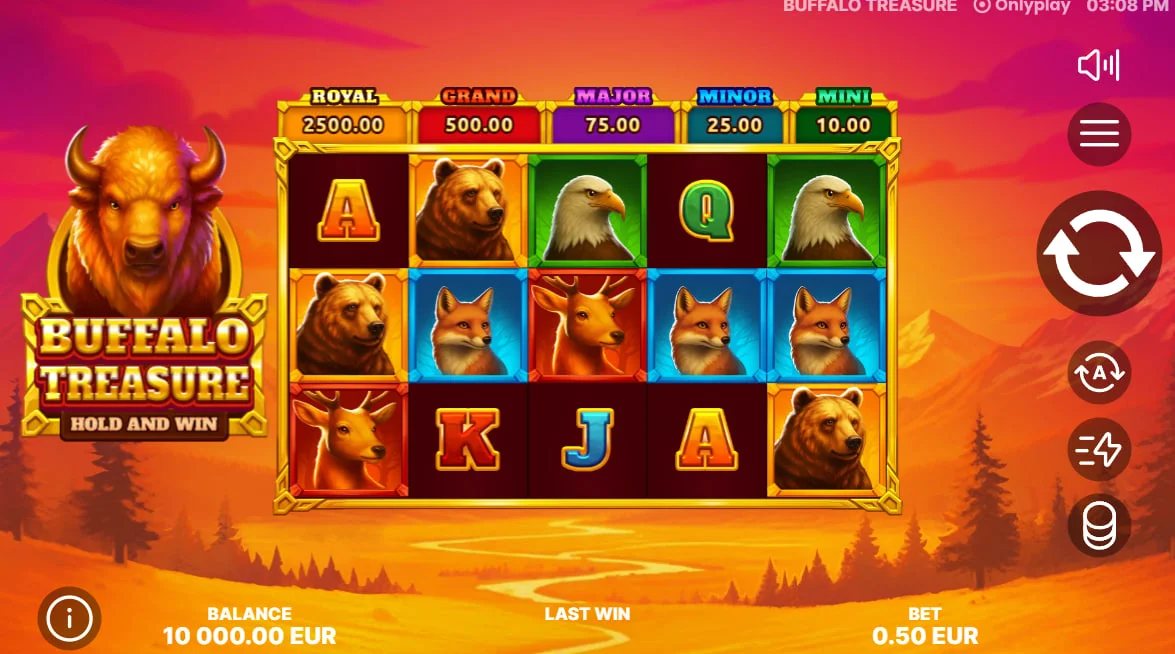5x3 reel grid of Buffalo Treasure slot with five fixed jackpots displayed above the reels for player awareness.
