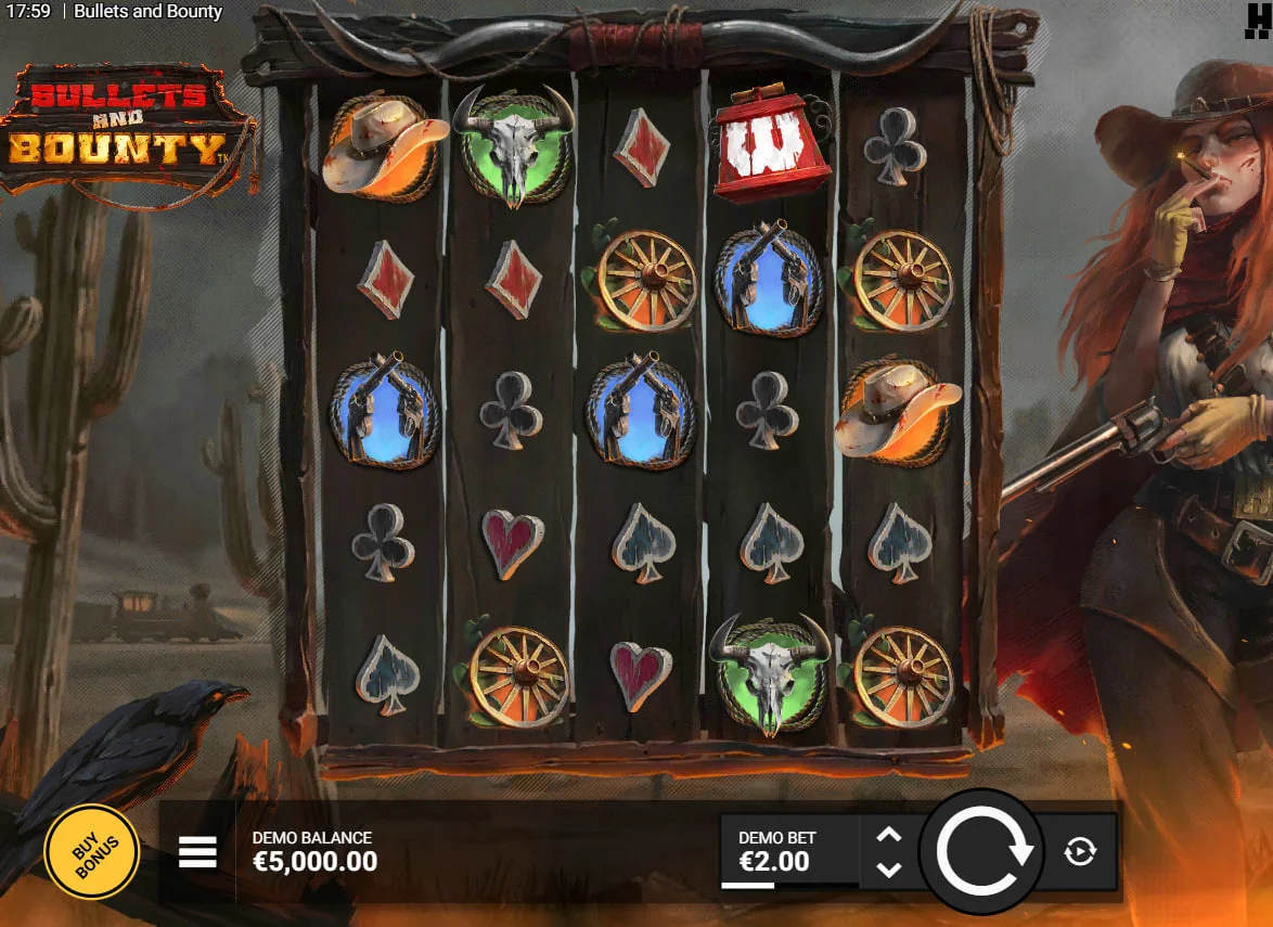 Full 5x5 grid of Bullets and Bounty slot showing Wild West symbols and Quick Draw Kate on the side, highlighting the base game atmosphere.