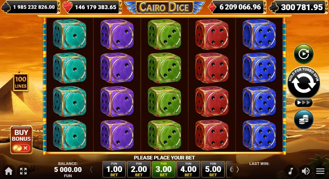 Cairo Dice slot 5x4 grid featuring Egyptian themed dice symbols on a desert background for a 100-line win potential