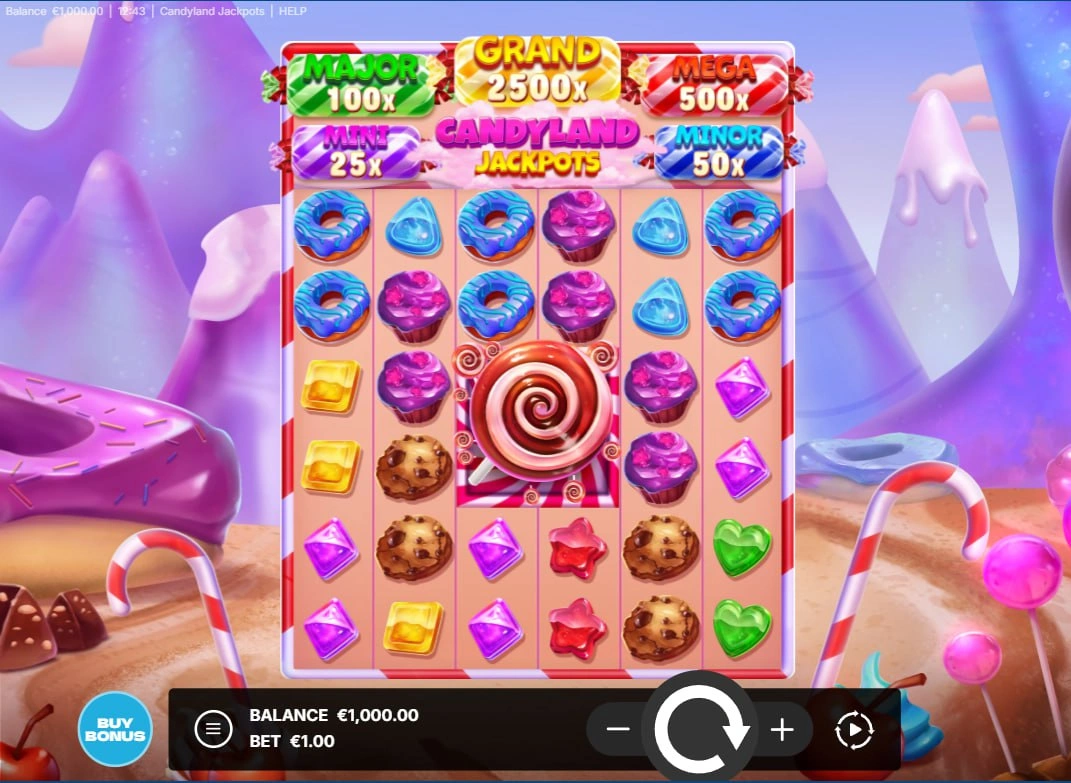 Candyland Jackpots main 6-reel slot grid featuring candy symbols and jackpot tiers on a purple landscape for gameplay visualization.