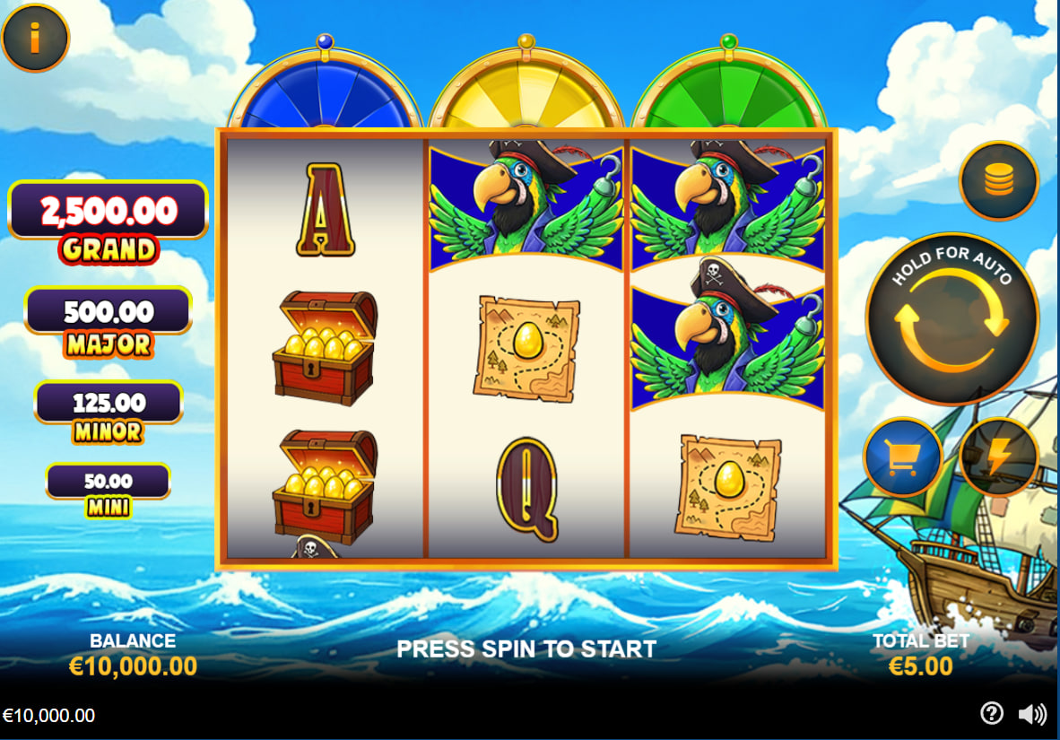 Capitano Galliano 3x3 slot reels featuring pirate parrot and treasure chest symbols with four fixed jackpots displayed on the left side.