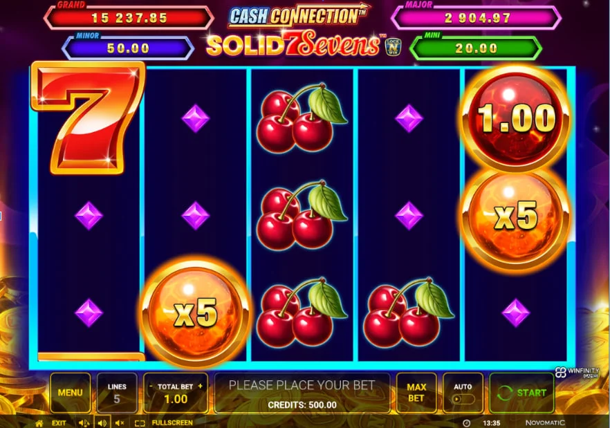 Main game screen of Cash Connection – Solid Sevens showing cherry symbols and a x5 multiplier sphere on a 5x3 grid.