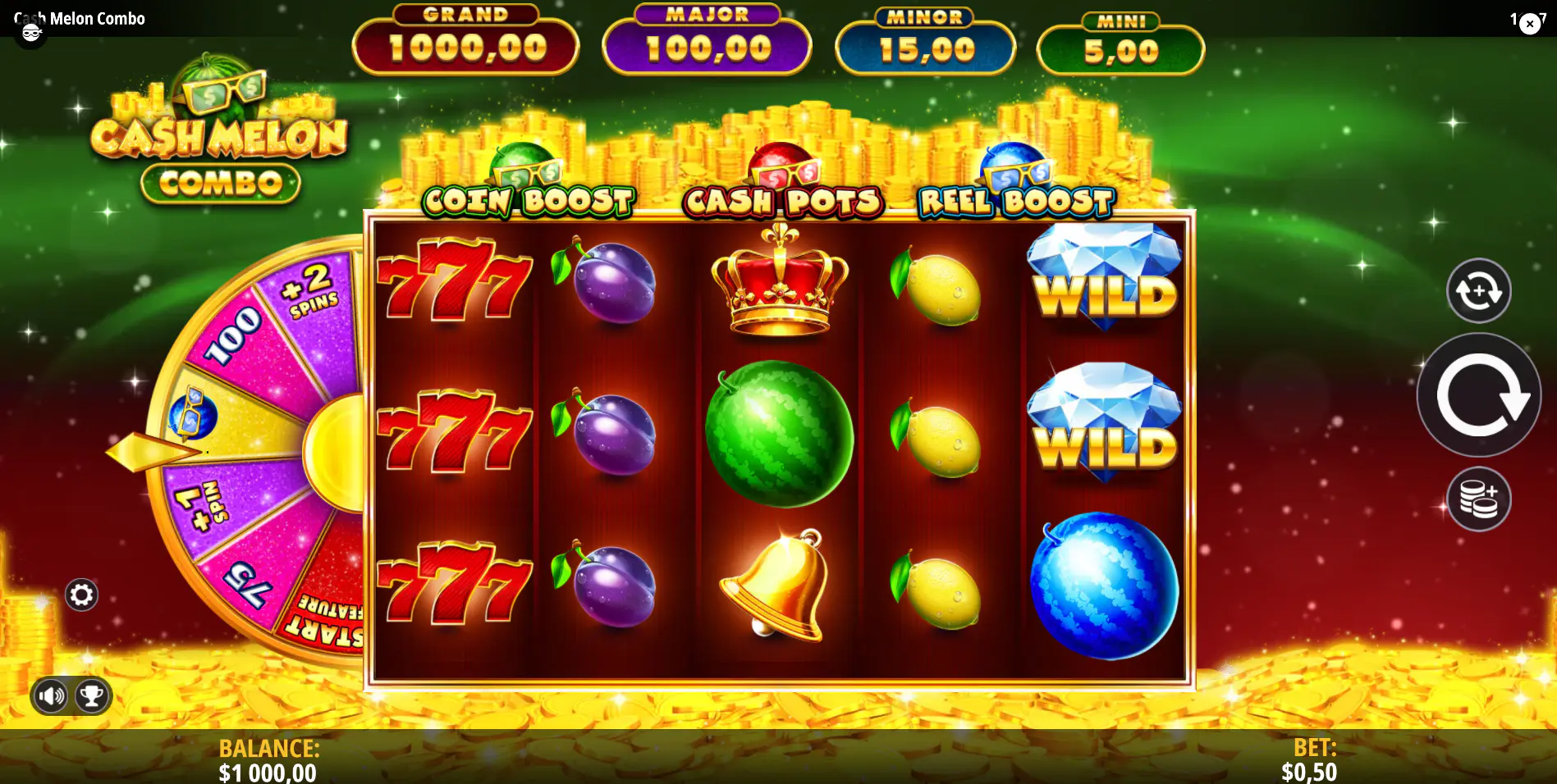 Cash Melon Combo base game 5x3 grid showing red 777 symbols and three colored melons above the reels indicating feature progress
