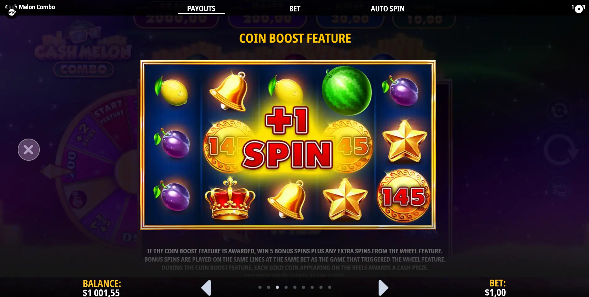 Coin Boost feature in Cash Melon Combo displaying gold coins with cash values and a +1 spin notification