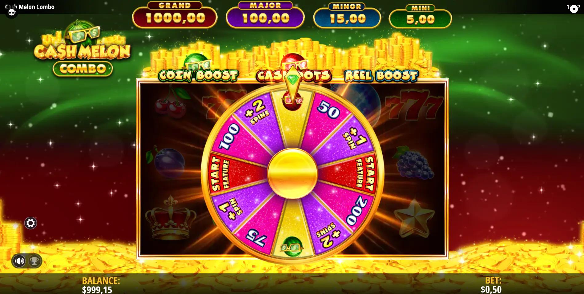 Bonus wheel in Cash Melon Combo slot landing on extra spins and feature start wedges