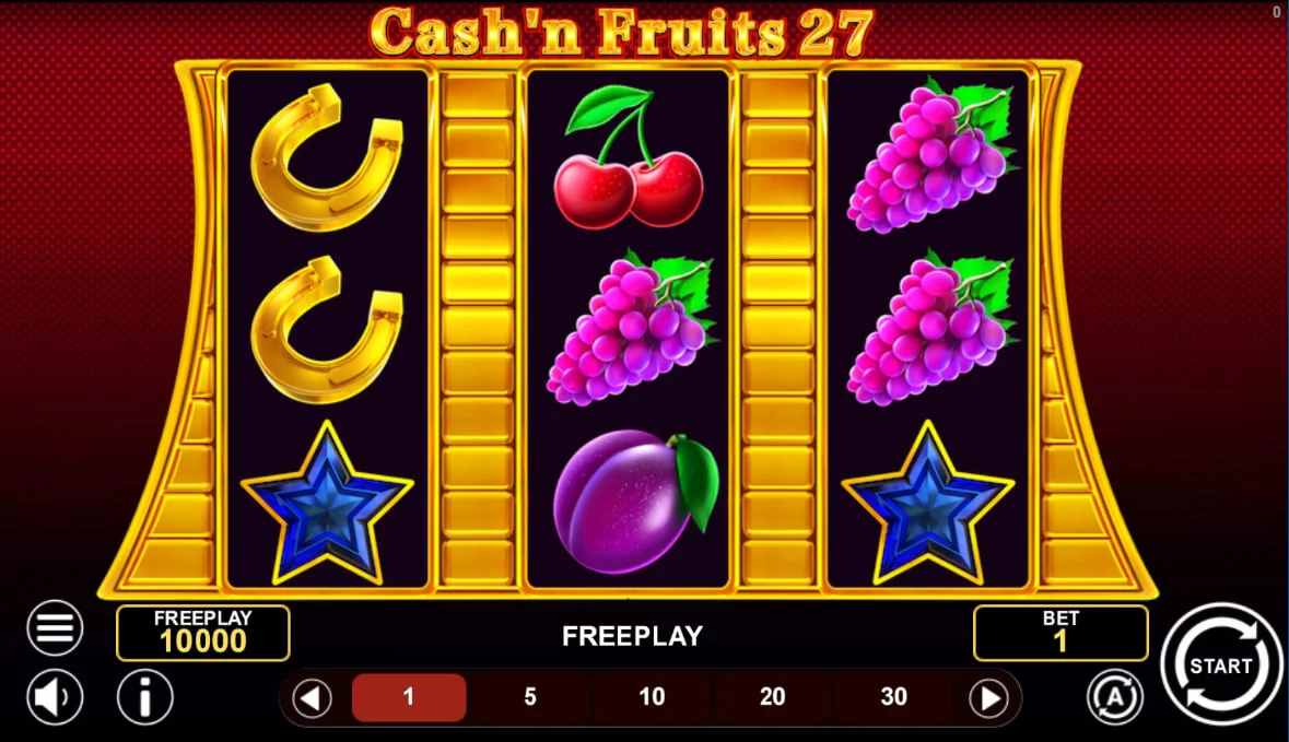 Cash'n Fruits 27 slot 3x3 grid featuring grapes and cherries symbols showing the 27-way payout potential for players.