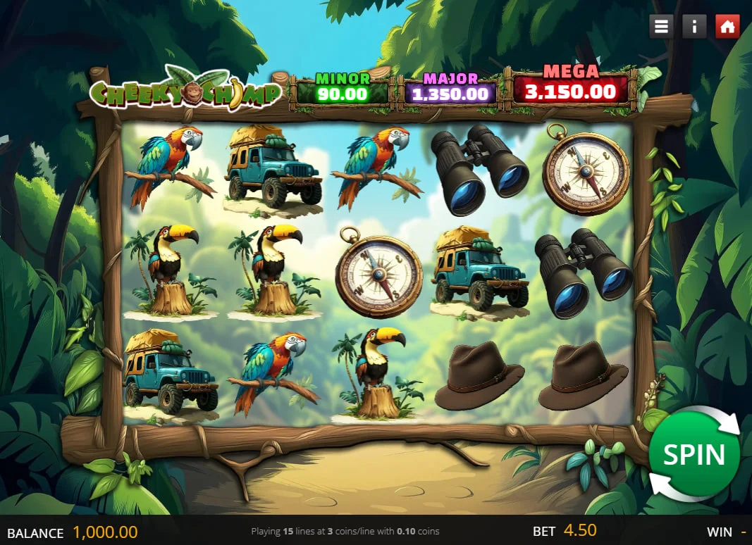 Cheeky Chimp slot main 5x3 grid featuring jungle symbols and Minor Major Mega jackpot meters at the top.