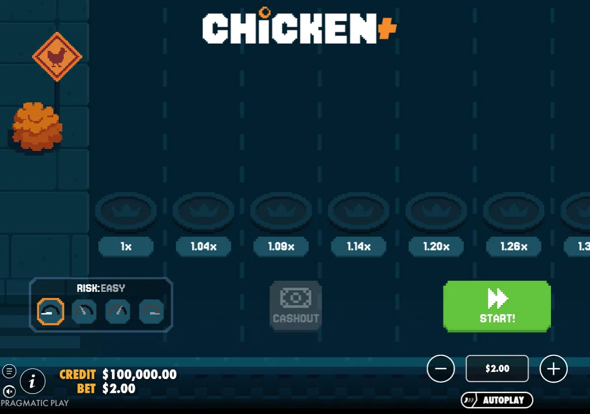 Chicken+ game main screen showing the road lanes with multipliers starting at 1x in Easy Mode for low-risk gameplay.