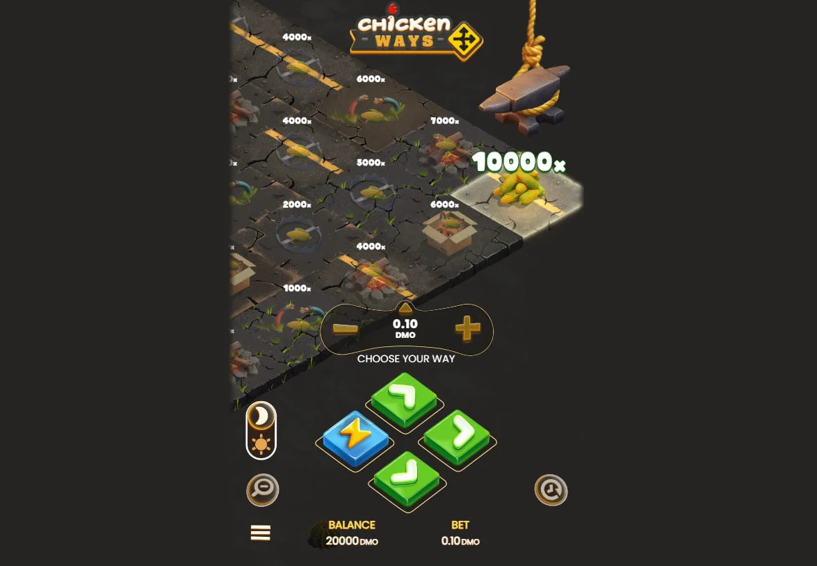 Chicken sitting on a stone path in Chicken Ways slot game with visible multipliers of 1.05x and 1.1x representing early game progression.