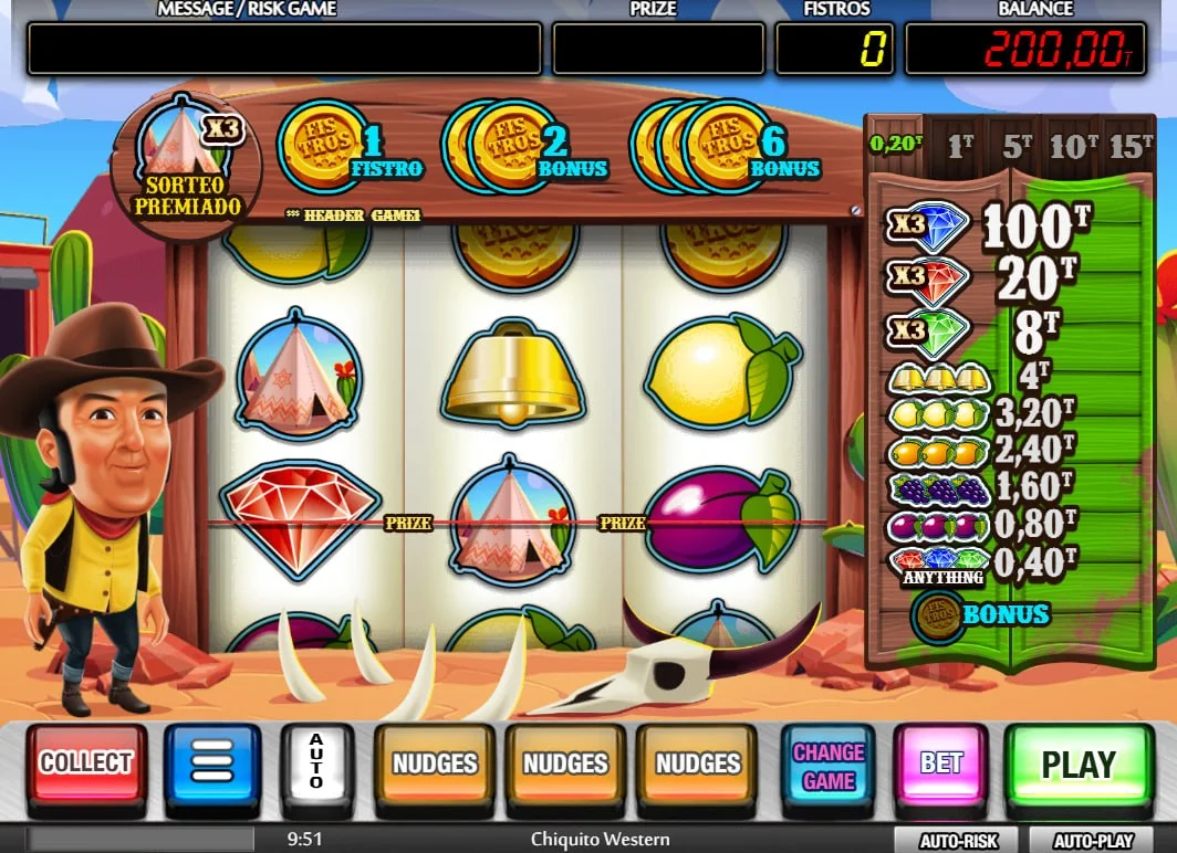 Chiquito Western main game interface showing three reels and nudge buttons which help players secure winning combinations.