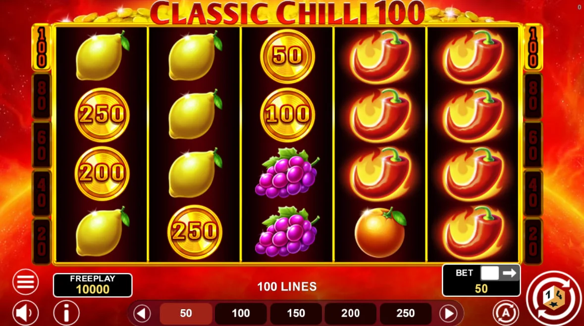 Classic Chilli 100 slot 5x4 grid with fruit and coin symbols on fire-themed reels to show the 100-line layout.