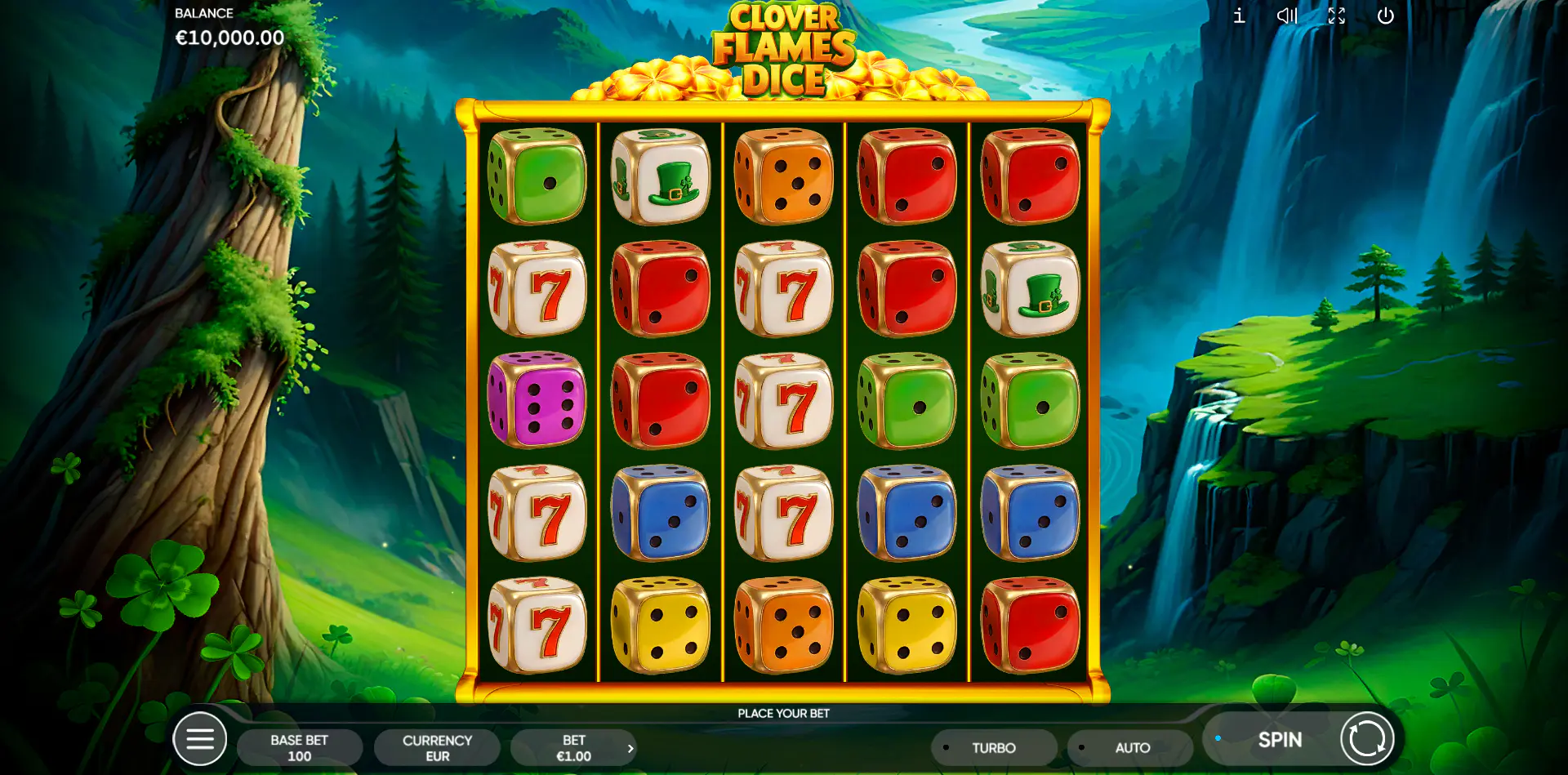 Clover Flames Dice base game screen with 5x5 reels and scatter pays interface