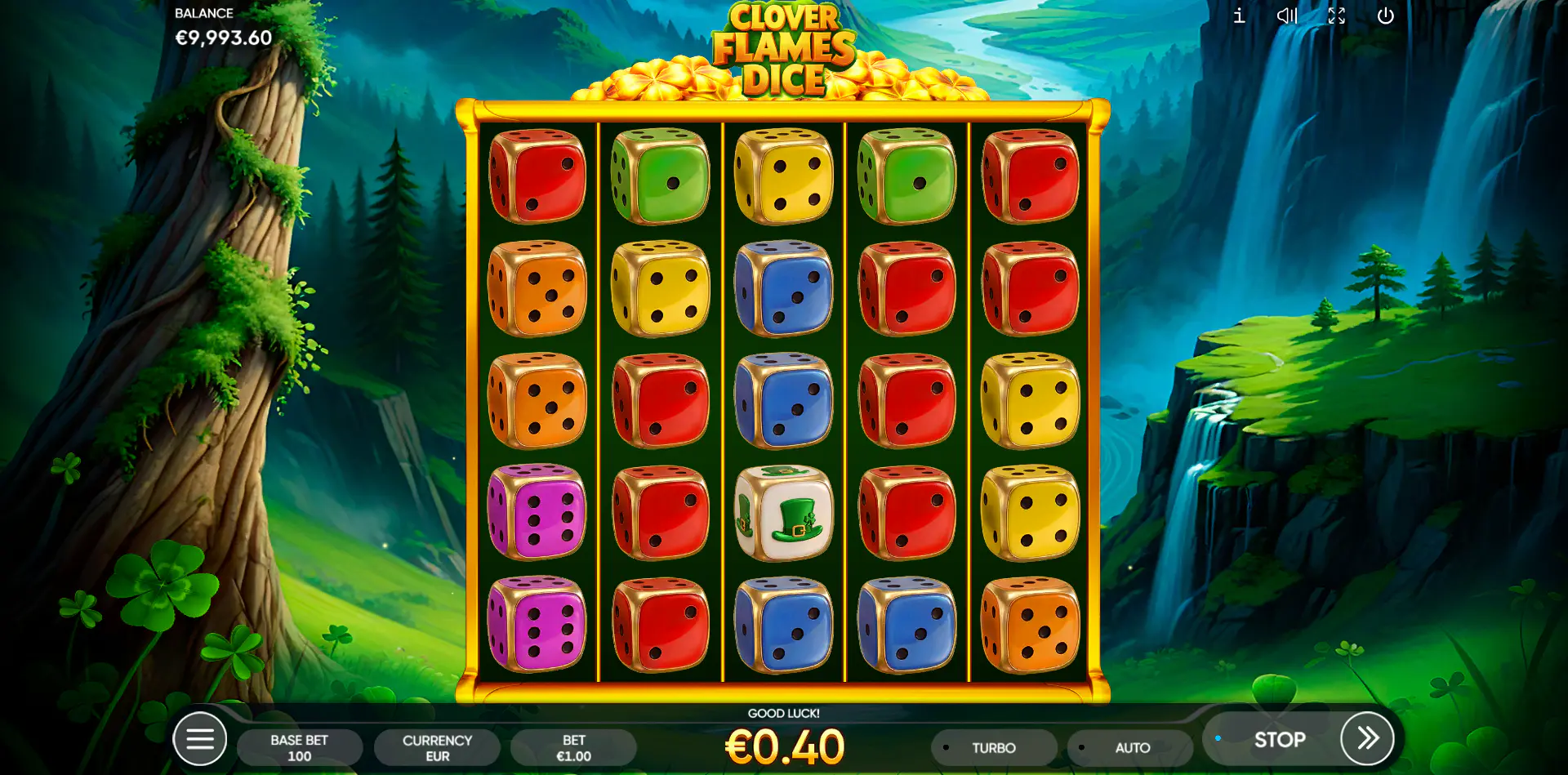Clover Flames Dice gameplay screen showing a base game win of 0.40 euro