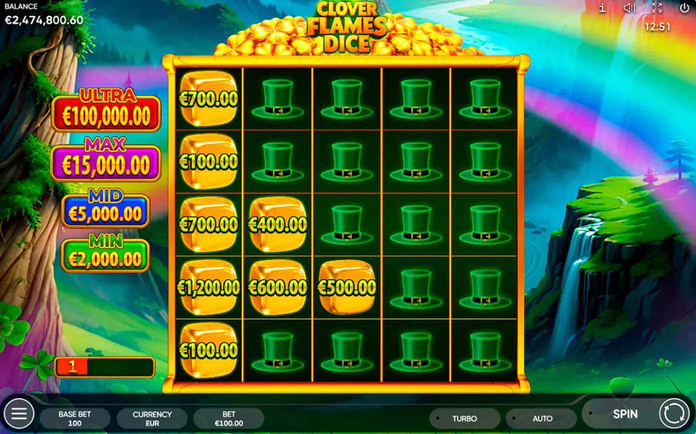 Clover Flames Dice Clover Time bonus screen with golden dice grid and jackpot values